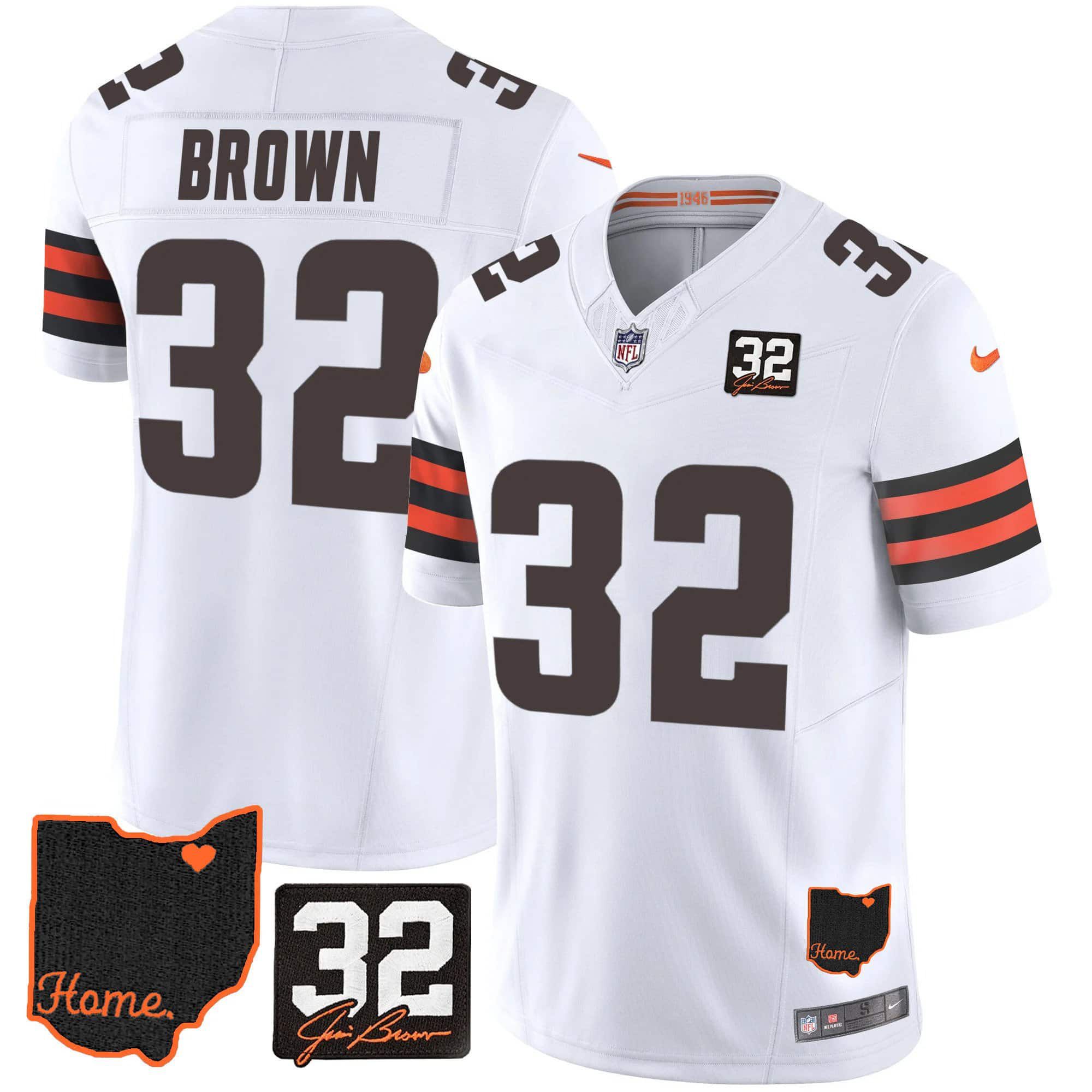 Men Cleveland Browns #32 Brown White Memorial Home Patch 2024 Nike NFL Jersey